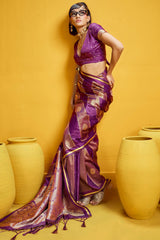 Glorious Wine Banarasi Satin Silk Saree With Cynosure Blouse