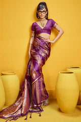 Glorious Wine Banarasi Satin Silk Saree With Cynosure Blouse