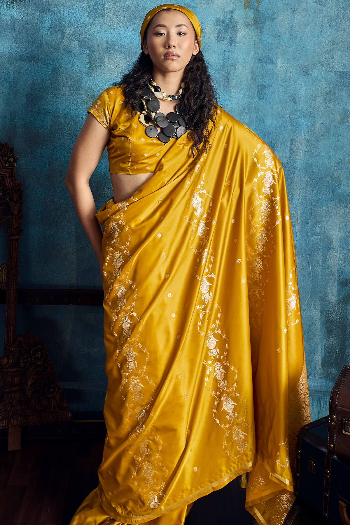Luxuriant Mustard Banarasi Satin Silk Saree With Seraphic Blouse