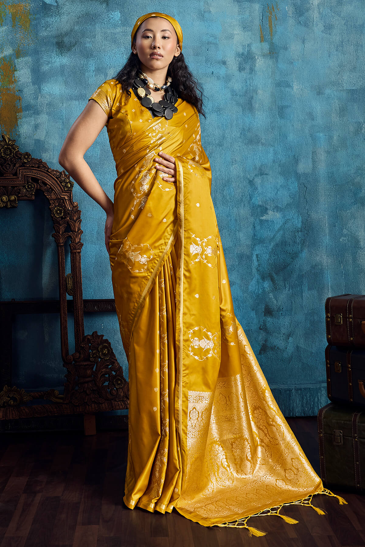 Luxuriant Mustard Banarasi Satin Silk Saree With Seraphic Blouse