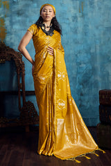 Luxuriant Mustard Banarasi Satin Silk Saree With Seraphic Blouse