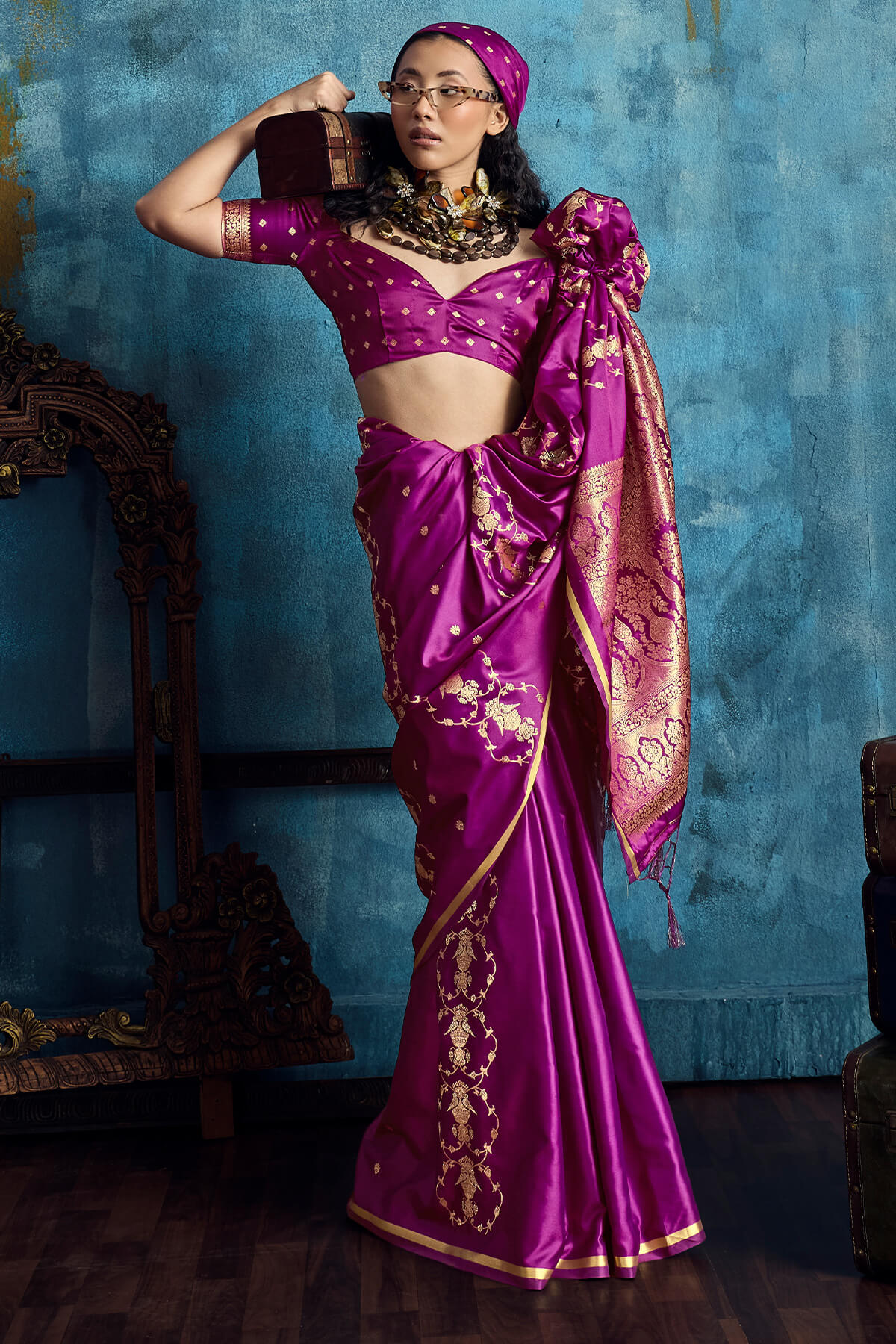 Beauteous Magenta Banarasi Satin Silk Saree With Evocative Blouse