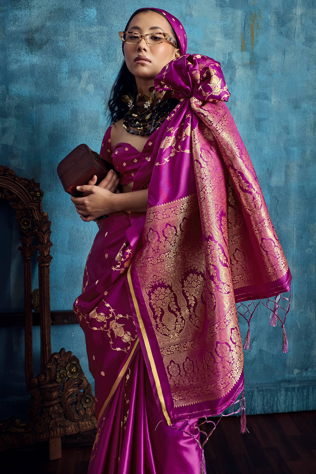 Beauteous Magenta Banarasi Satin Silk Saree With Evocative Blouse