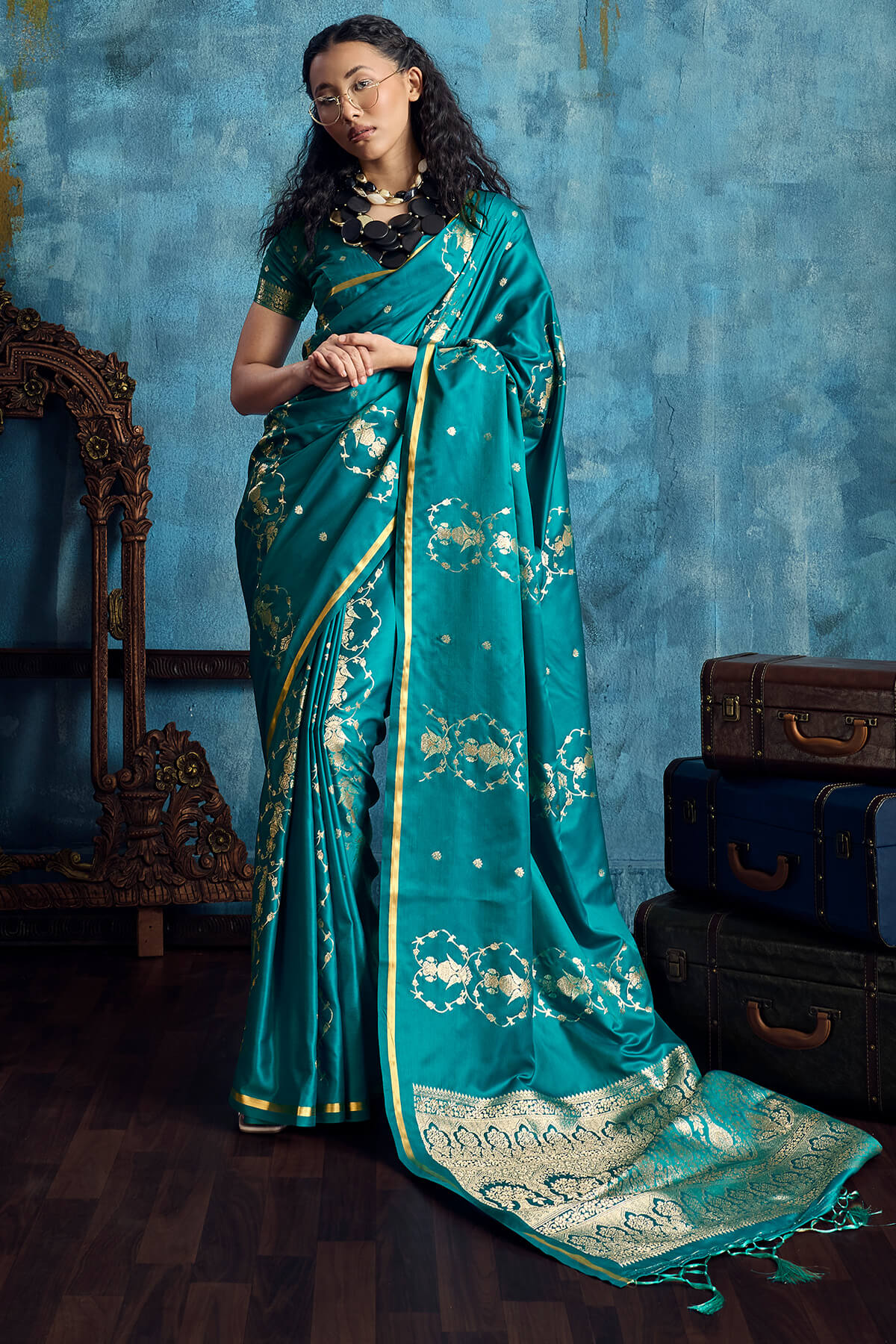 Scintillating Rama Banarasi Satin Silk Saree With Gorgeous Blouse