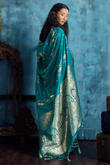 Scintillating Rama Banarasi Satin Silk Saree With Gorgeous Blouse