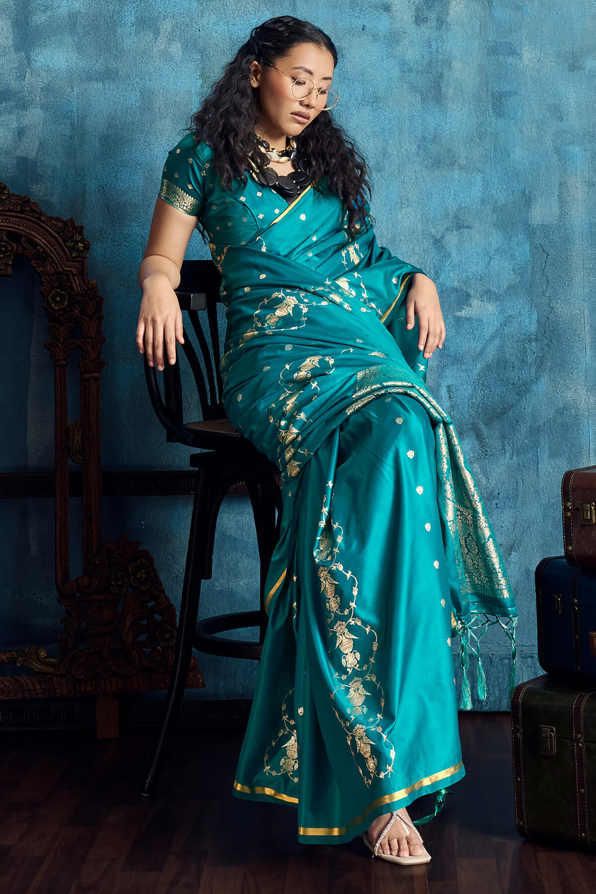 Scintillating Rama Banarasi Satin Silk Saree With Gorgeous Blouse
