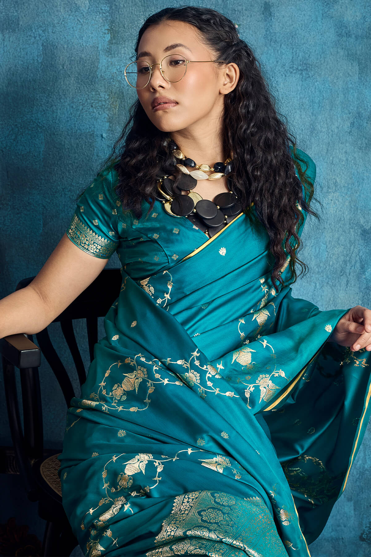Scintillating Rama Banarasi Satin Silk Saree With Gorgeous Blouse