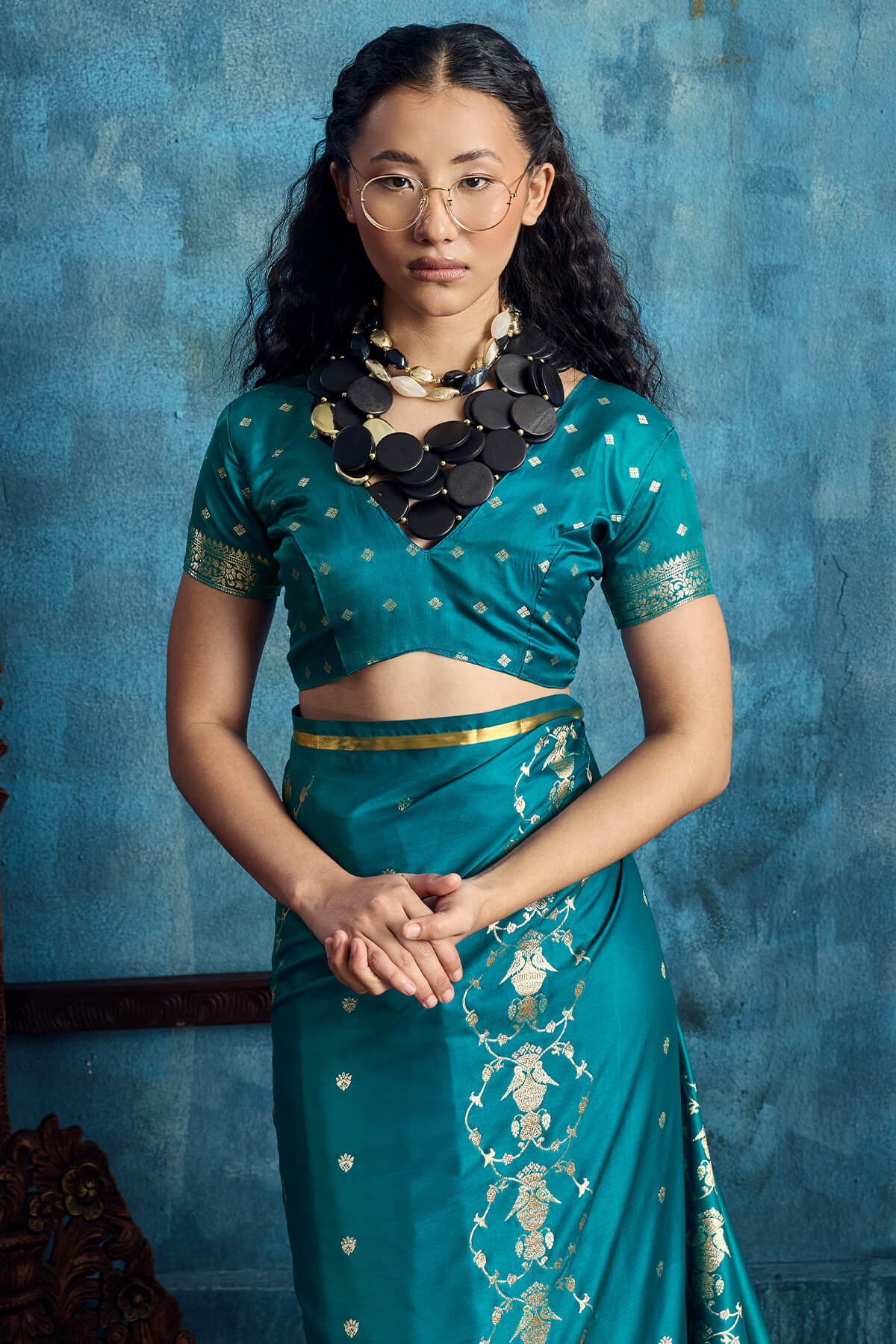 Scintillating Rama Banarasi Satin Silk Saree With Gorgeous Blouse