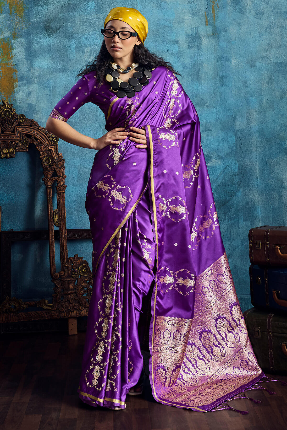 Posh Purple Banarasi Satin Silk Saree With Magnetic Blouse