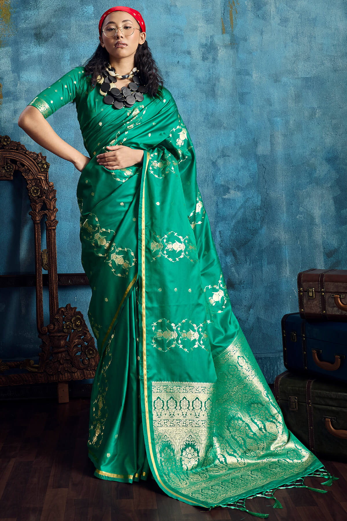 Evanescent Sea Green Banarasi Satin Silk Saree With Flattering Blouse