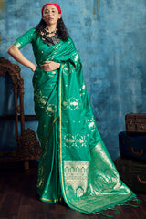 Evanescent Sea Green Banarasi Satin Silk Saree With Flattering Blouse