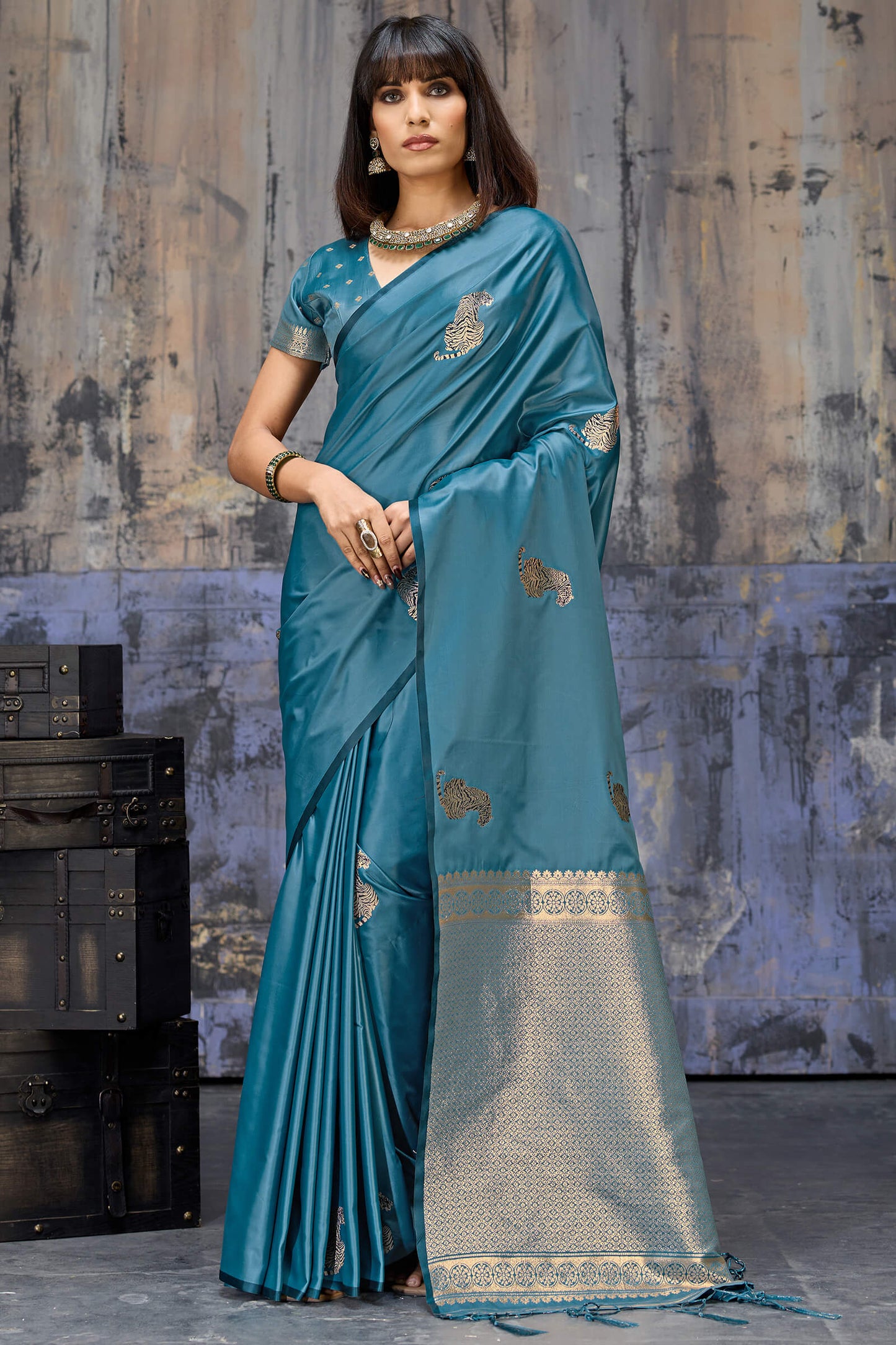 Invaluable Blue Banarasi Satin Silk Saree With Jazzy Blouse