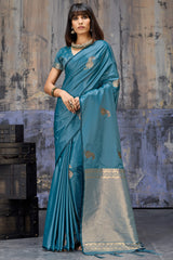 Invaluable Blue Banarasi Satin Silk Saree With Jazzy Blouse