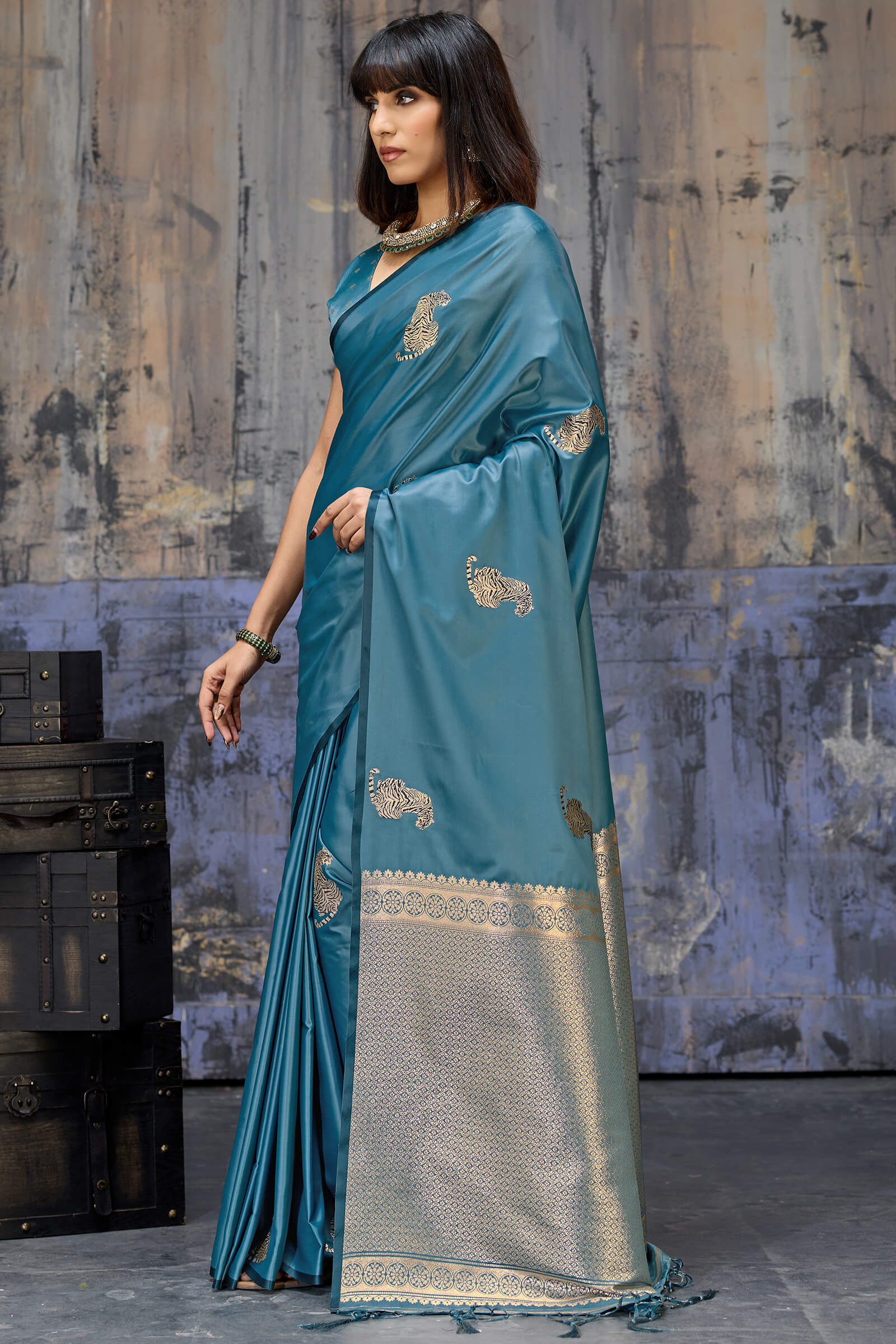 Invaluable Blue Banarasi Satin Silk Saree With Jazzy Blouse