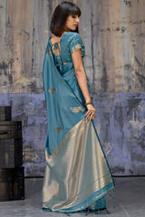 Invaluable Blue Banarasi Satin Silk Saree With Jazzy Blouse