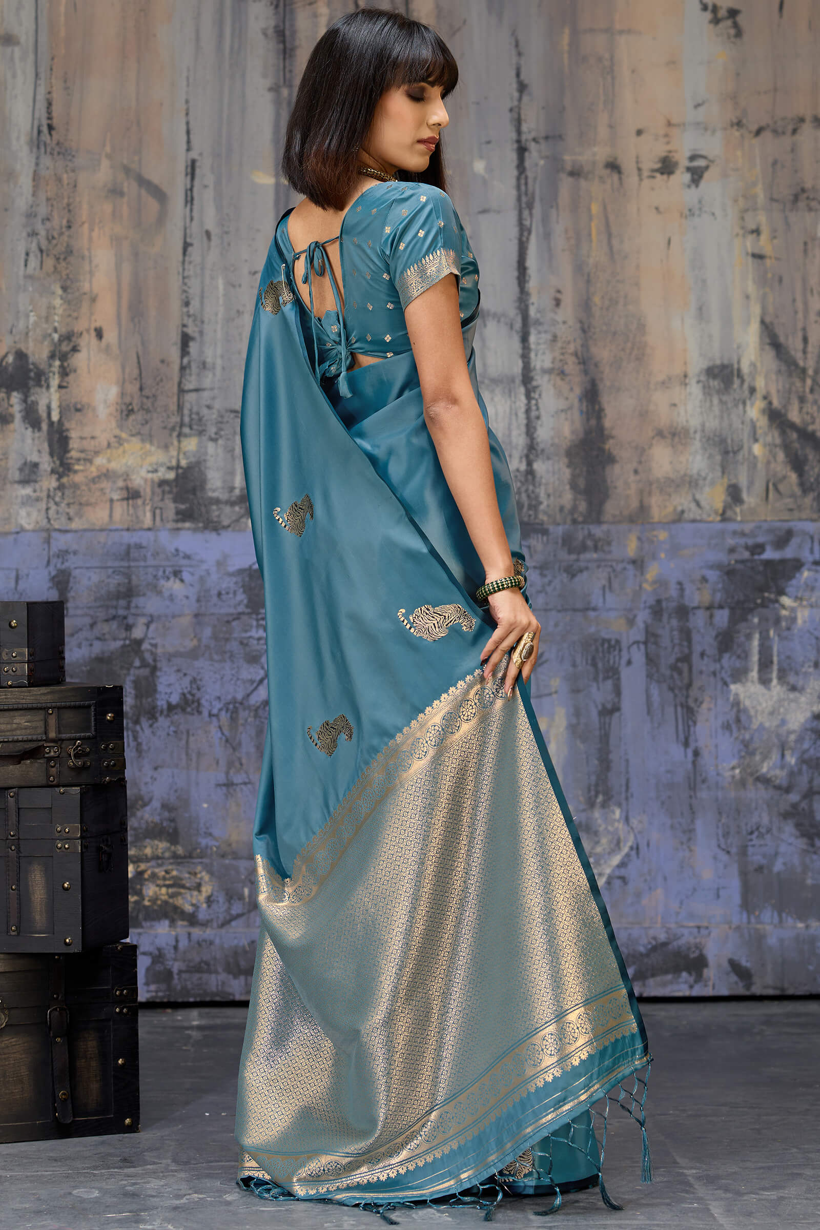 Invaluable Blue Banarasi Satin Silk Saree With Jazzy Blouse