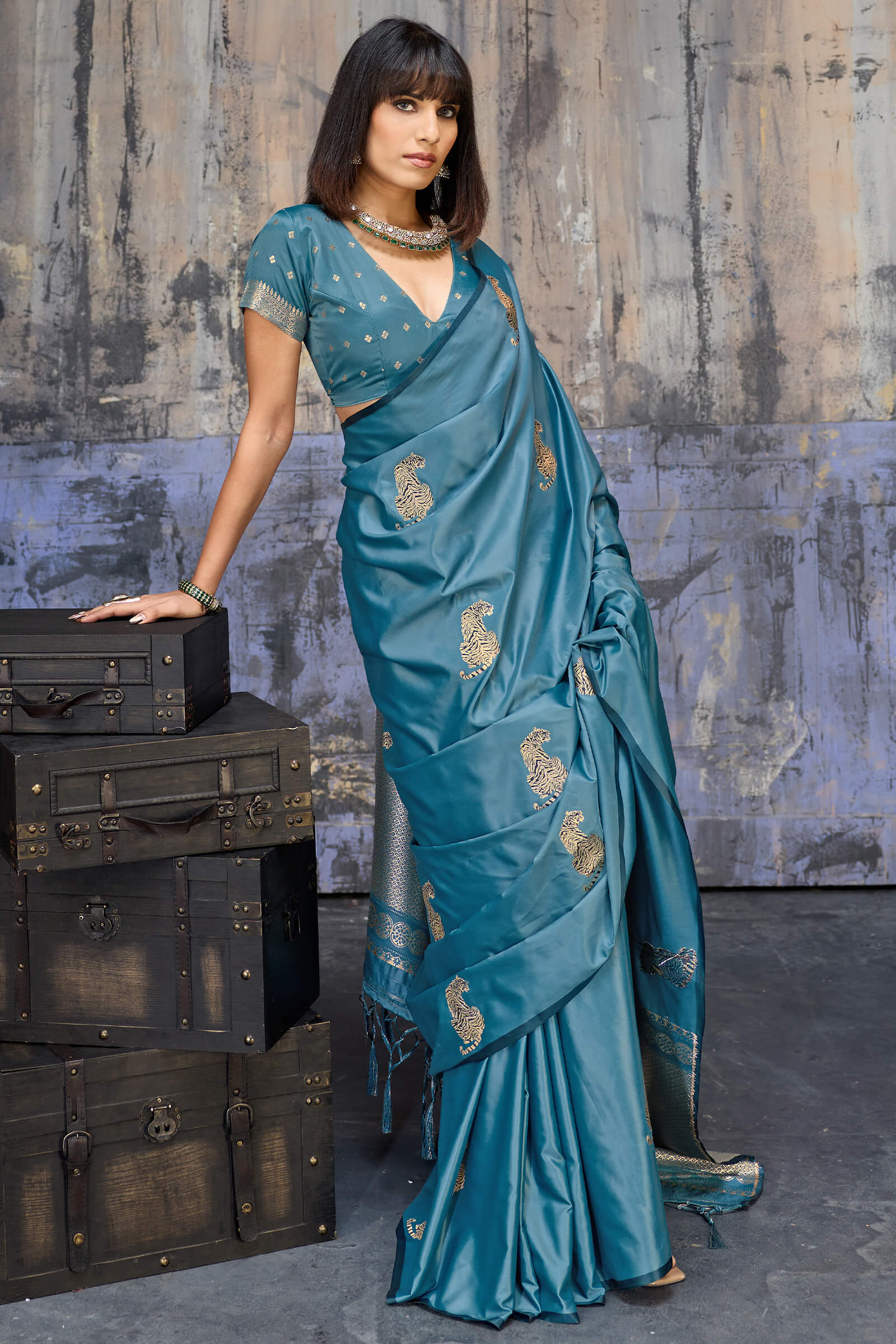 Invaluable Blue Banarasi Satin Silk Saree With Jazzy Blouse