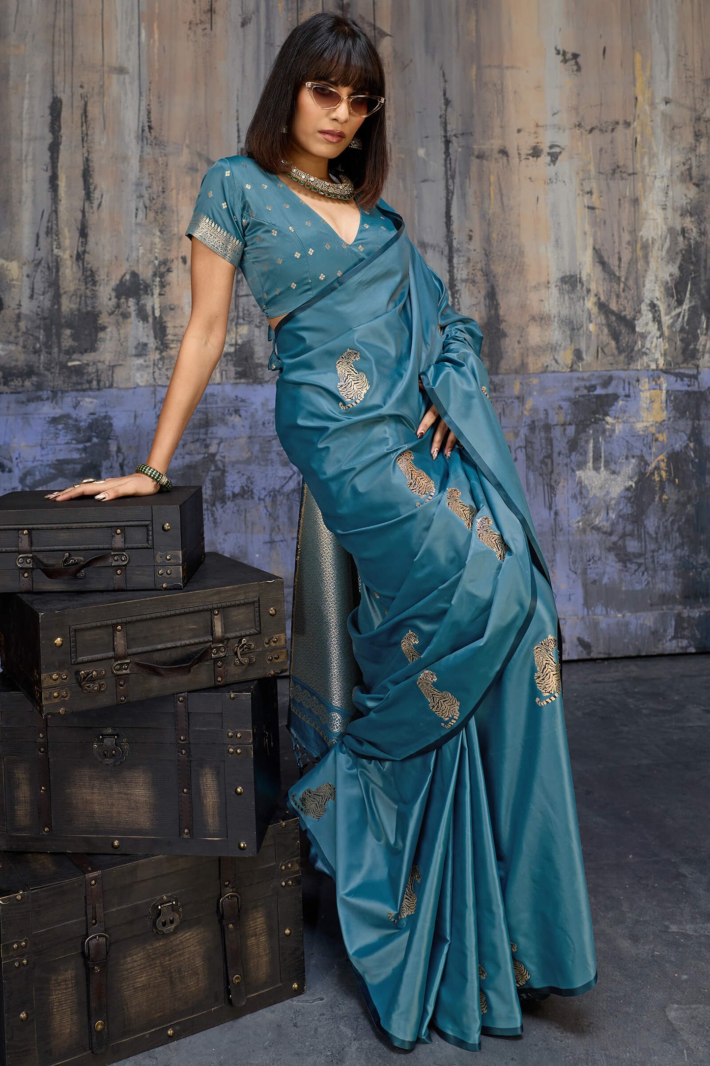 Invaluable Blue Banarasi Satin Silk Saree With Jazzy Blouse