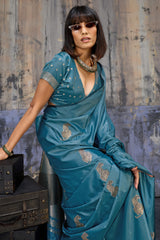 Invaluable Blue Banarasi Satin Silk Saree With Jazzy Blouse