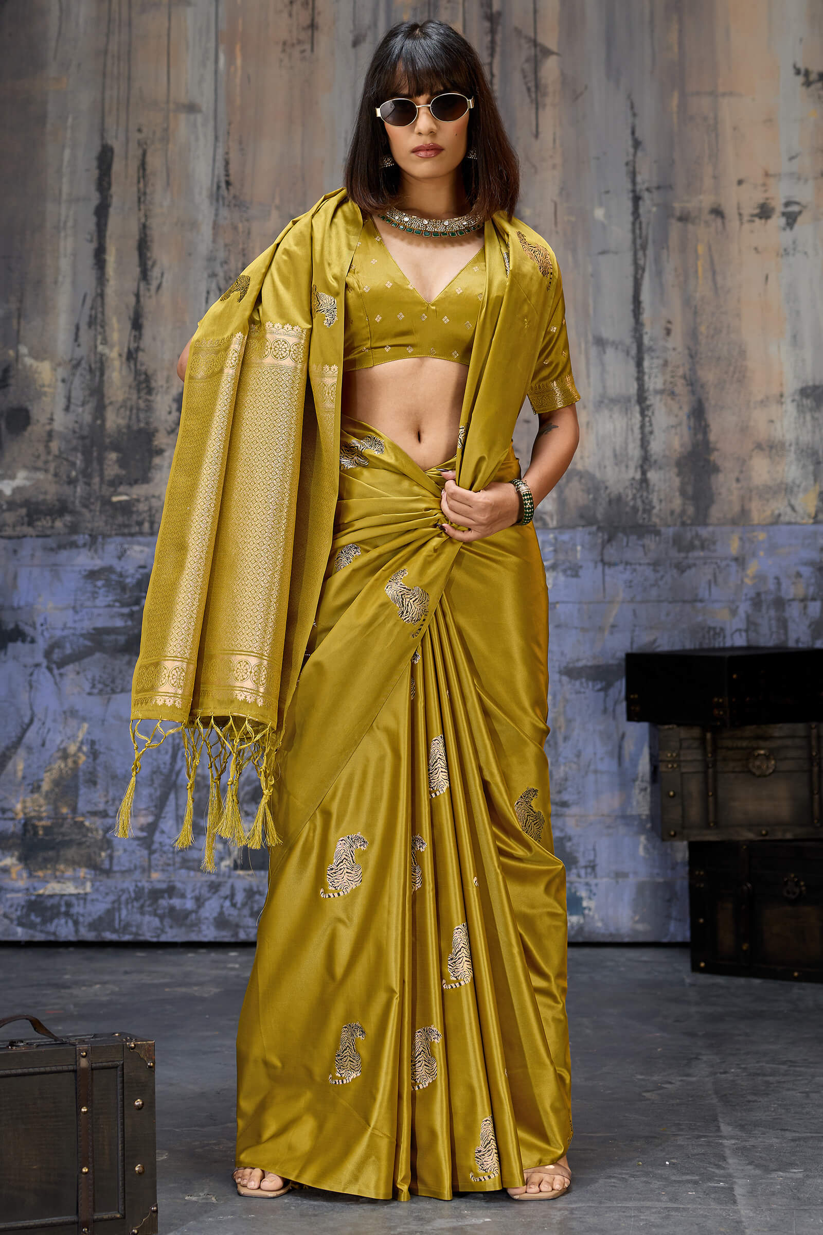 Mesmeric Mustard Banarasi Satin Silk Saree With Rhapsody Blouse