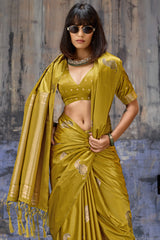 Mesmeric Mustard Banarasi Satin Silk Saree With Rhapsody Blouse