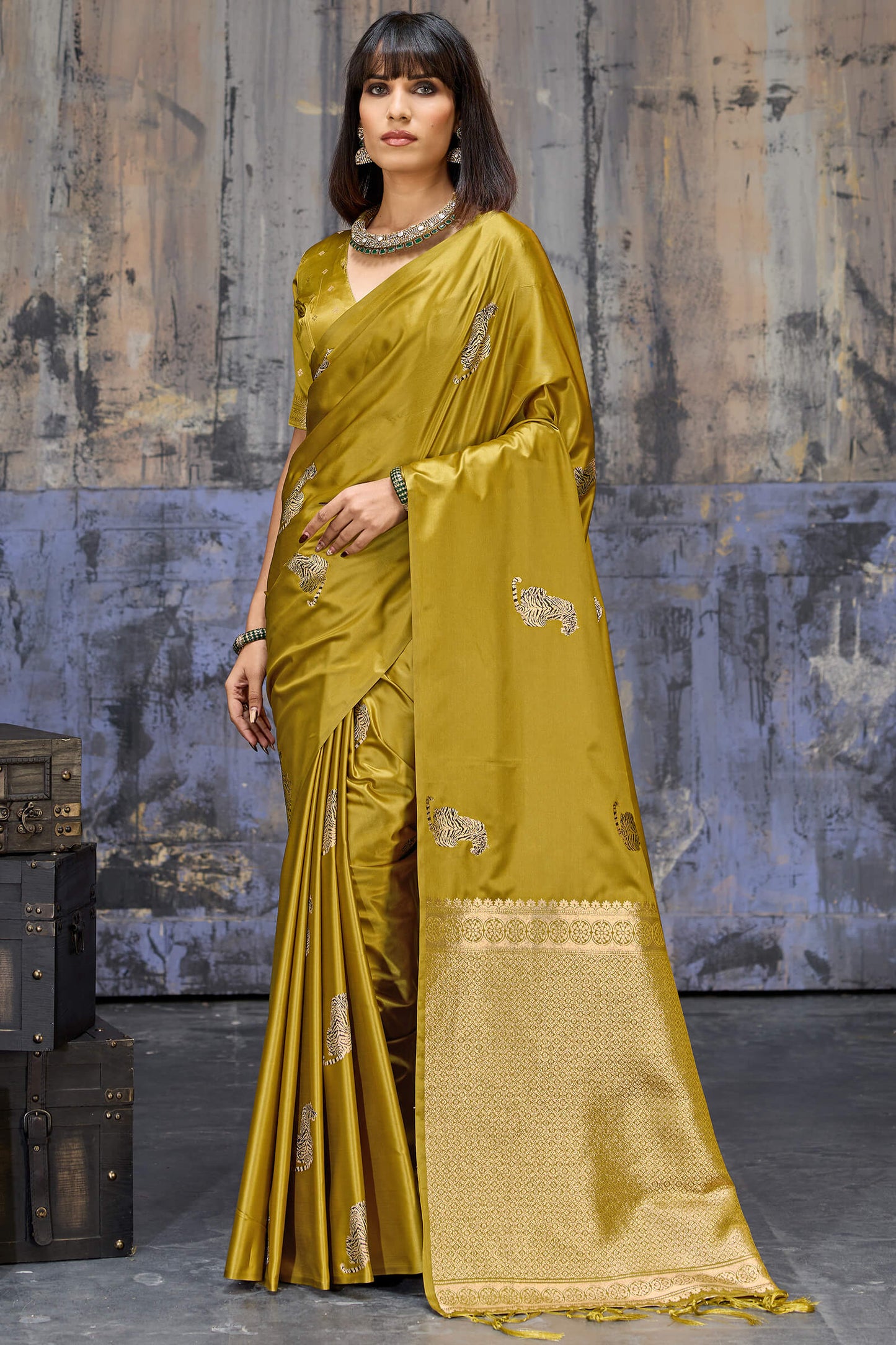Mesmeric Mustard Banarasi Satin Silk Saree With Rhapsody Blouse