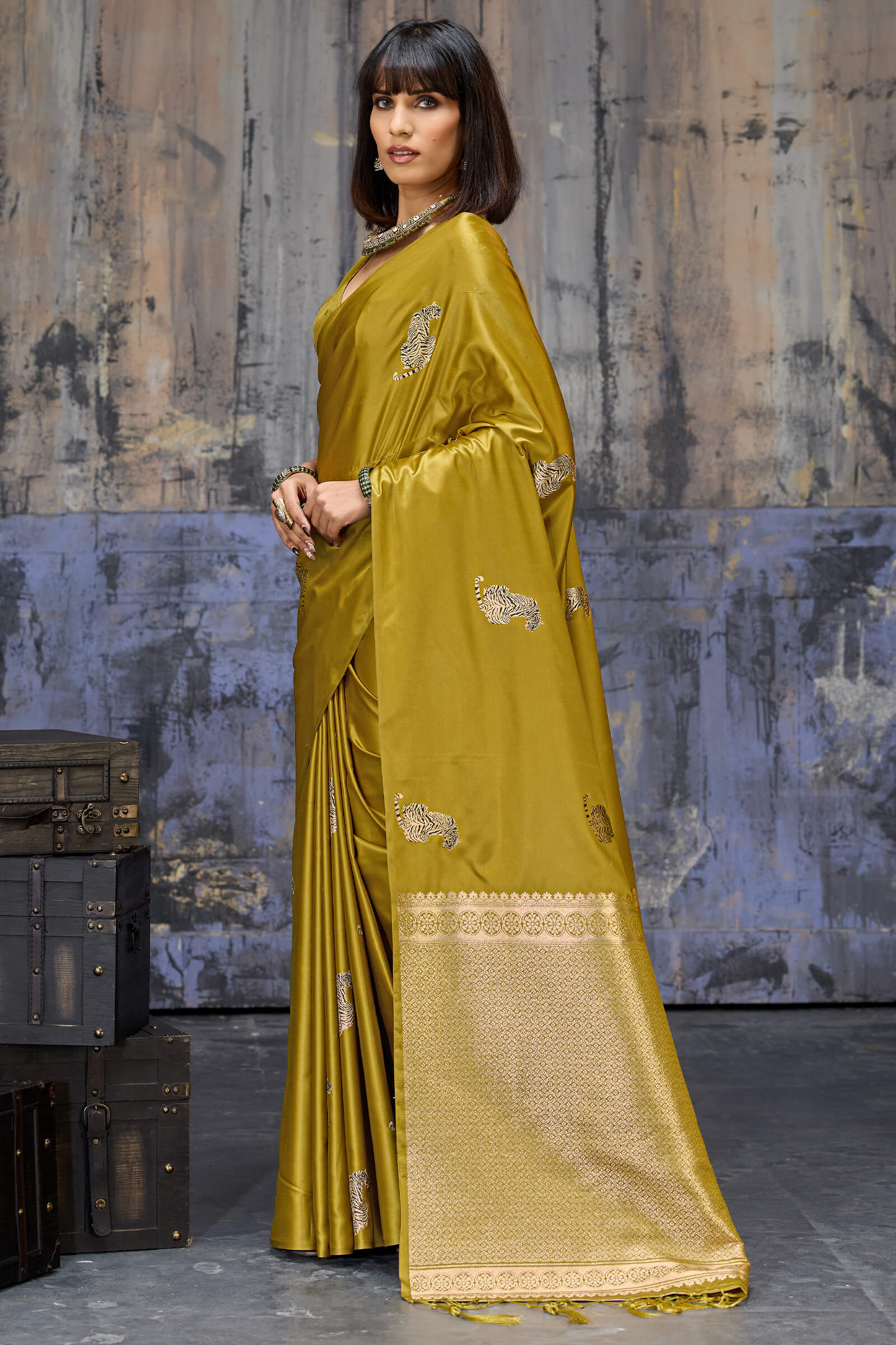 Mesmeric Mustard Banarasi Satin Silk Saree With Rhapsody Blouse