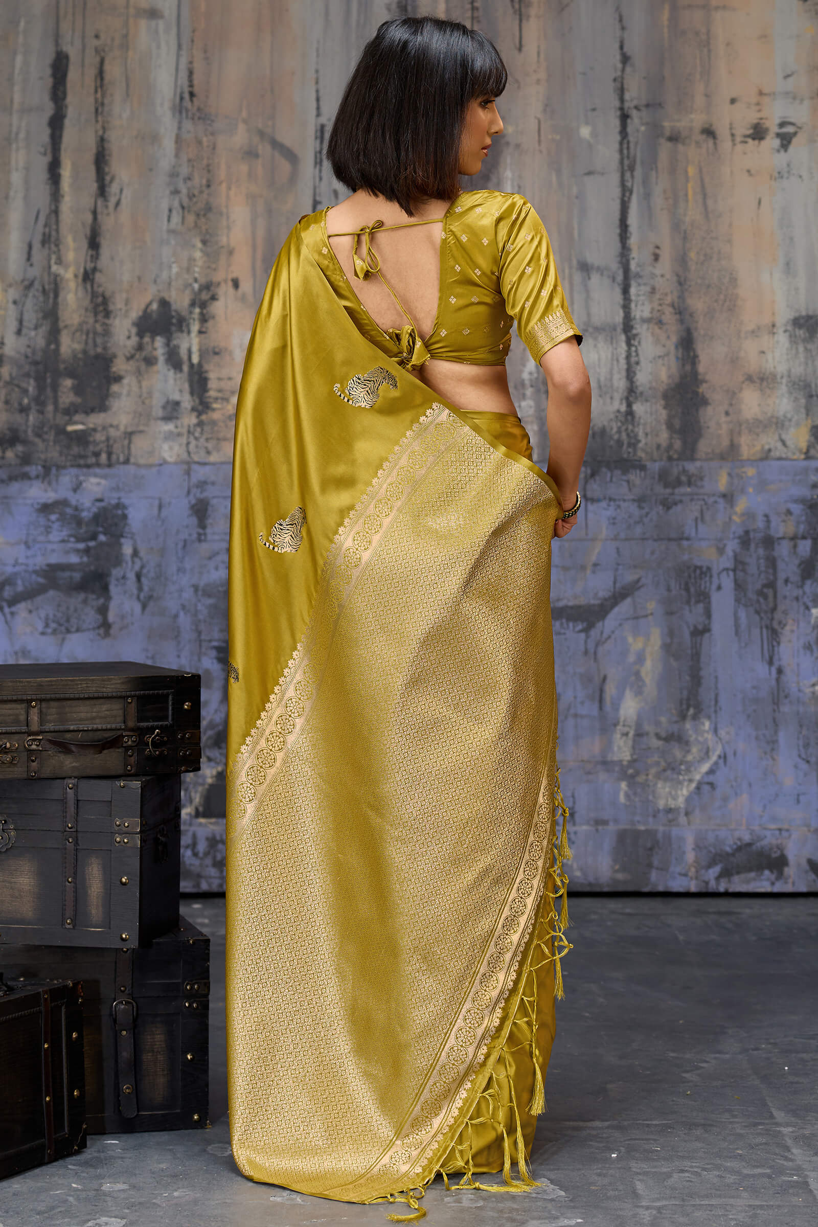 Mesmeric Mustard Banarasi Satin Silk Saree With Rhapsody Blouse