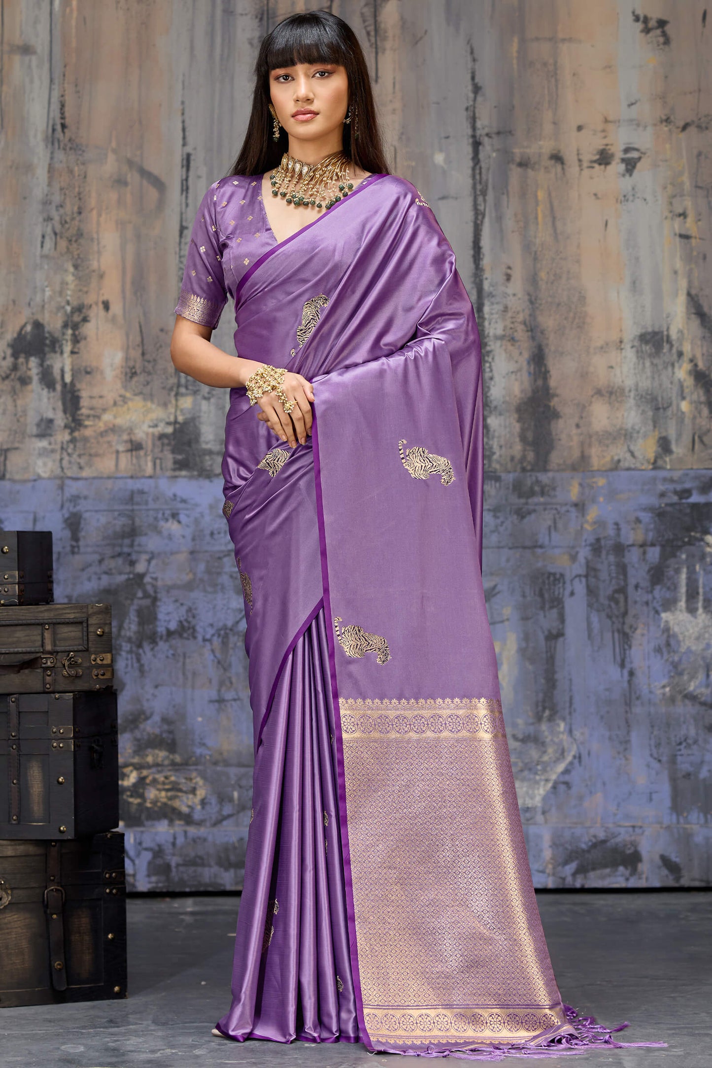 Sophisticated Lavender Banarasi Satin Silk Saree With Flaunt Blouse