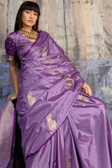 Sophisticated Lavender Banarasi Satin Silk Saree With Flaunt Blouse