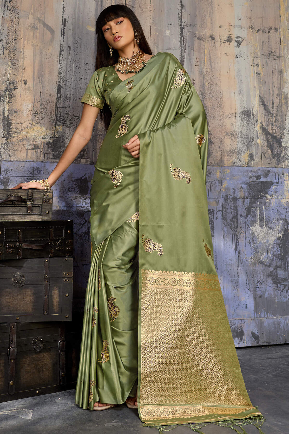 Enigmatic Green Banarasi Satin Silk Saree With Alluring Blouse