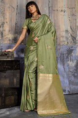 Enigmatic Green Banarasi Satin Silk Saree With Alluring Blouse