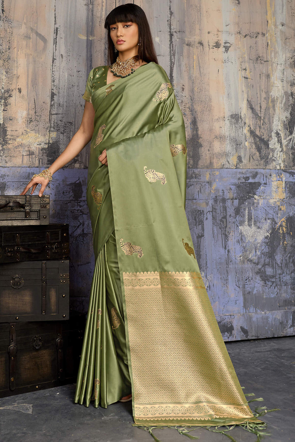 Enigmatic Green Banarasi Satin Silk Saree With Alluring Blouse