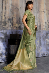 Enigmatic Green Banarasi Satin Silk Saree With Alluring Blouse