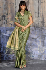 Enigmatic Green Banarasi Satin Silk Saree With Alluring Blouse