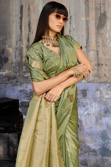 Enigmatic Green Banarasi Satin Silk Saree With Alluring Blouse