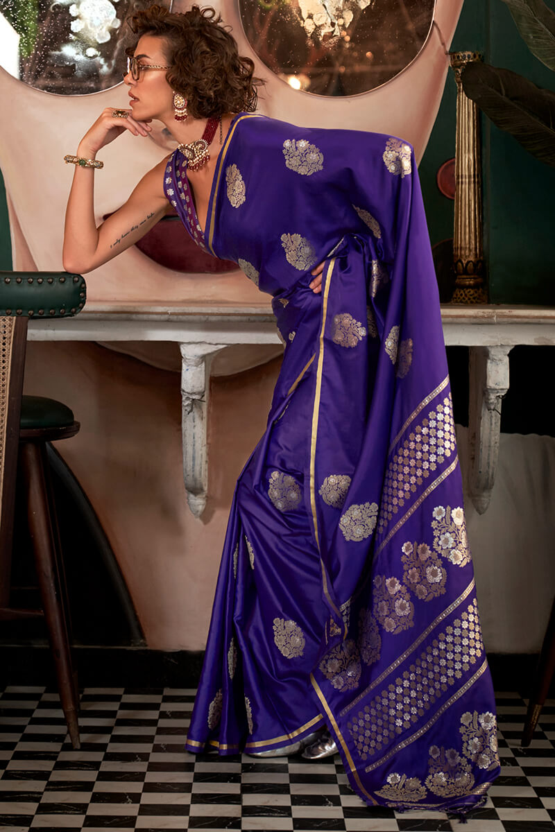Dalliance Purple Banarasi Satin Silk Saree With Ephemeral Blouse