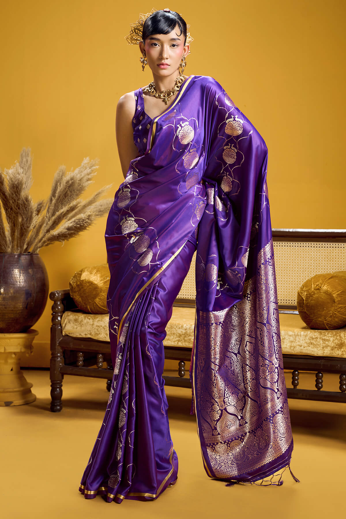 Desultory Purple Banarasi Satin Silk Saree With Imaginative Blouse