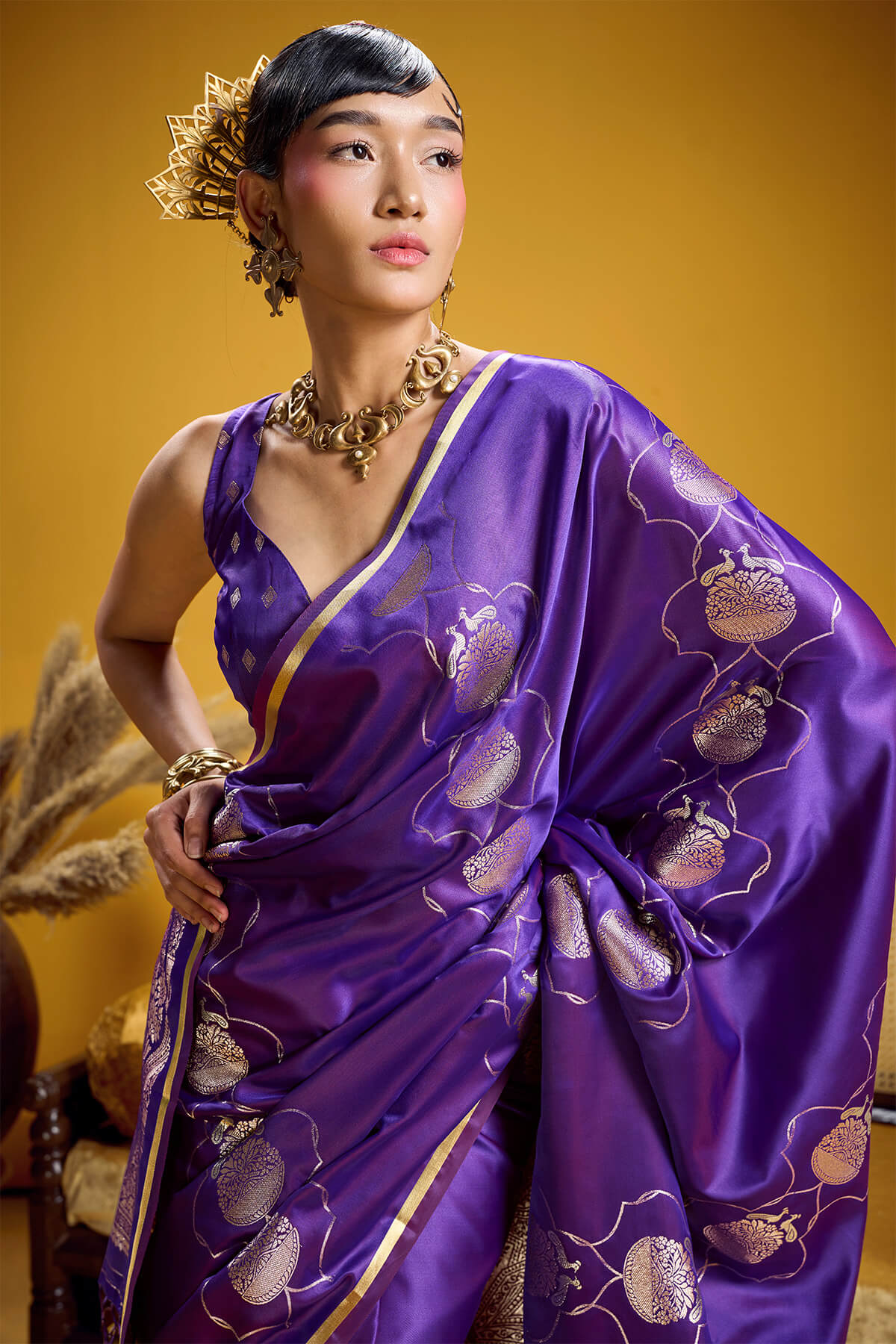 Desultory Purple Banarasi Satin Silk Saree With Imaginative Blouse