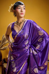 Desultory Purple Banarasi Satin Silk Saree With Imaginative Blouse