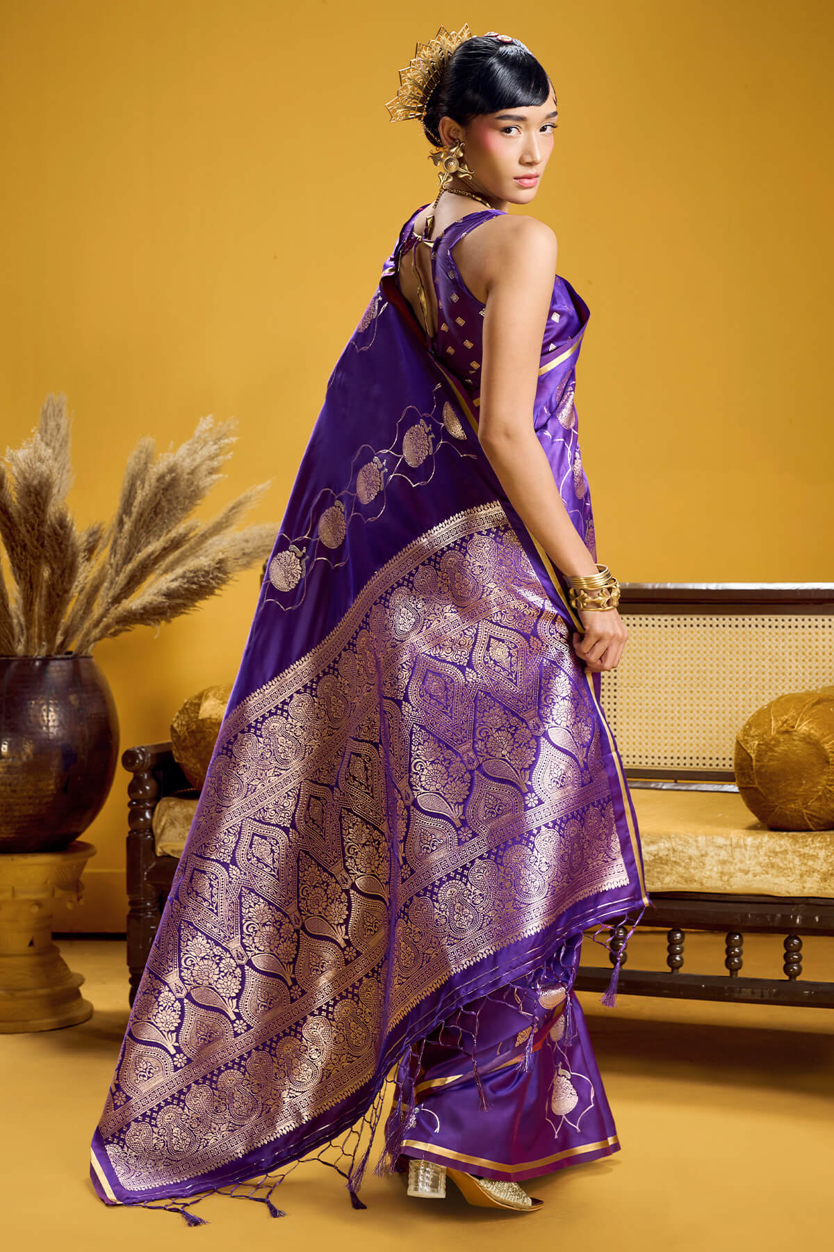 Desultory Purple Banarasi Satin Silk Saree With Imaginative Blouse