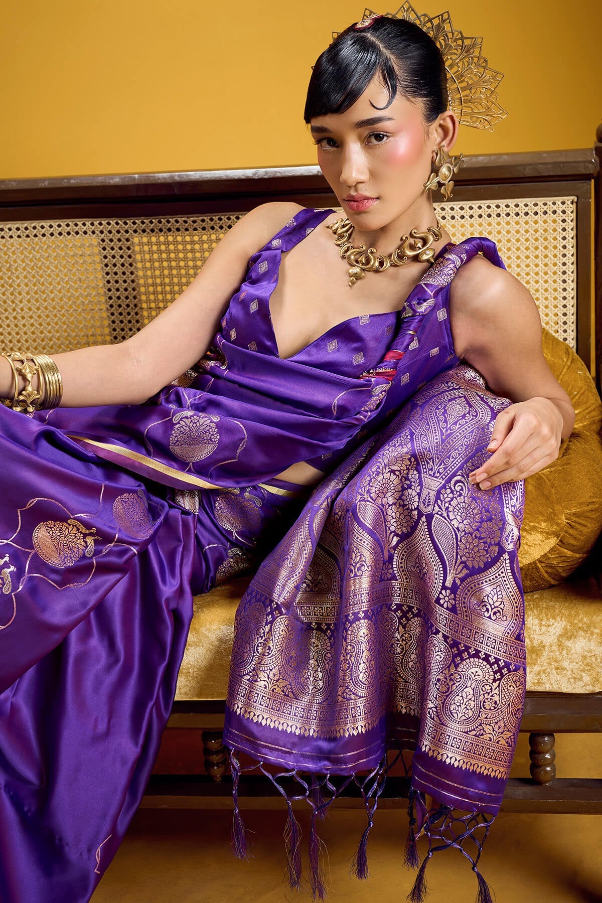 Desultory Purple Banarasi Satin Silk Saree With Imaginative Blouse