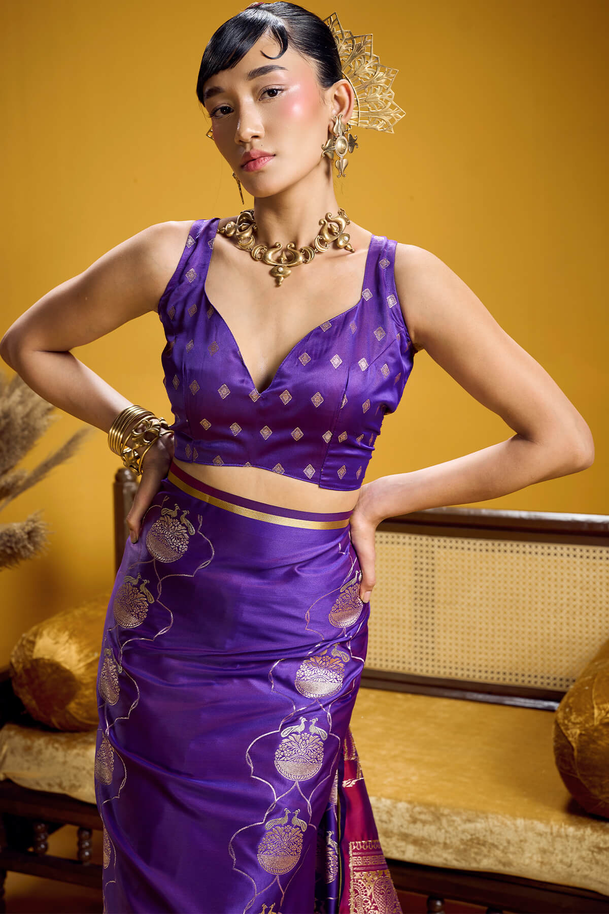 Desultory Purple Banarasi Satin Silk Saree With Imaginative Blouse