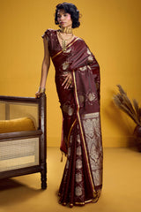 Wonderful Brown Banarasi Satin Silk Saree With Pulsating Blouse