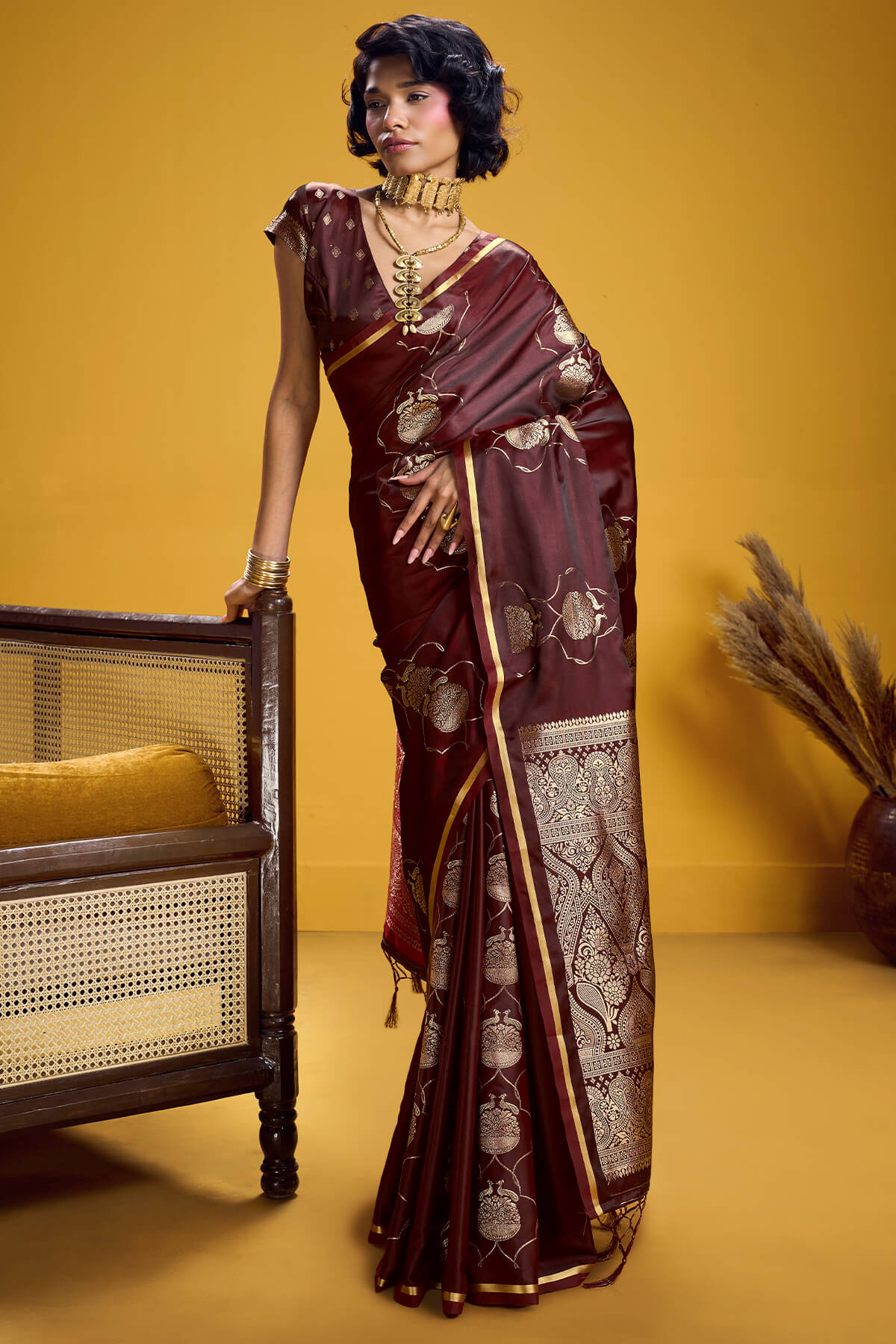 Wonderful Brown Banarasi Satin Silk Saree With Pulsating Blouse
