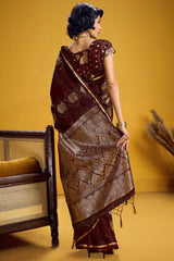 Wonderful Brown Banarasi Satin Silk Saree With Pulsating Blouse