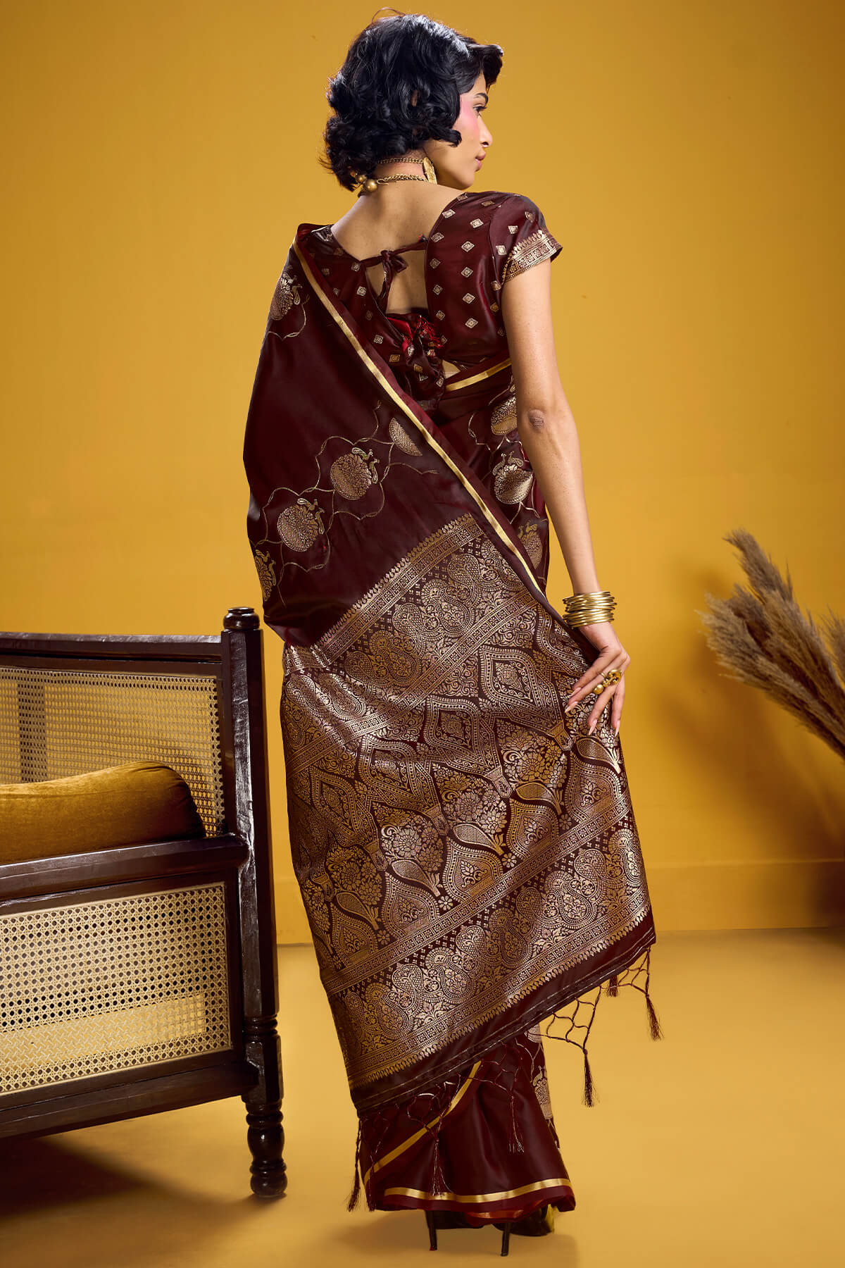 Wonderful Brown Banarasi Satin Silk Saree With Pulsating Blouse