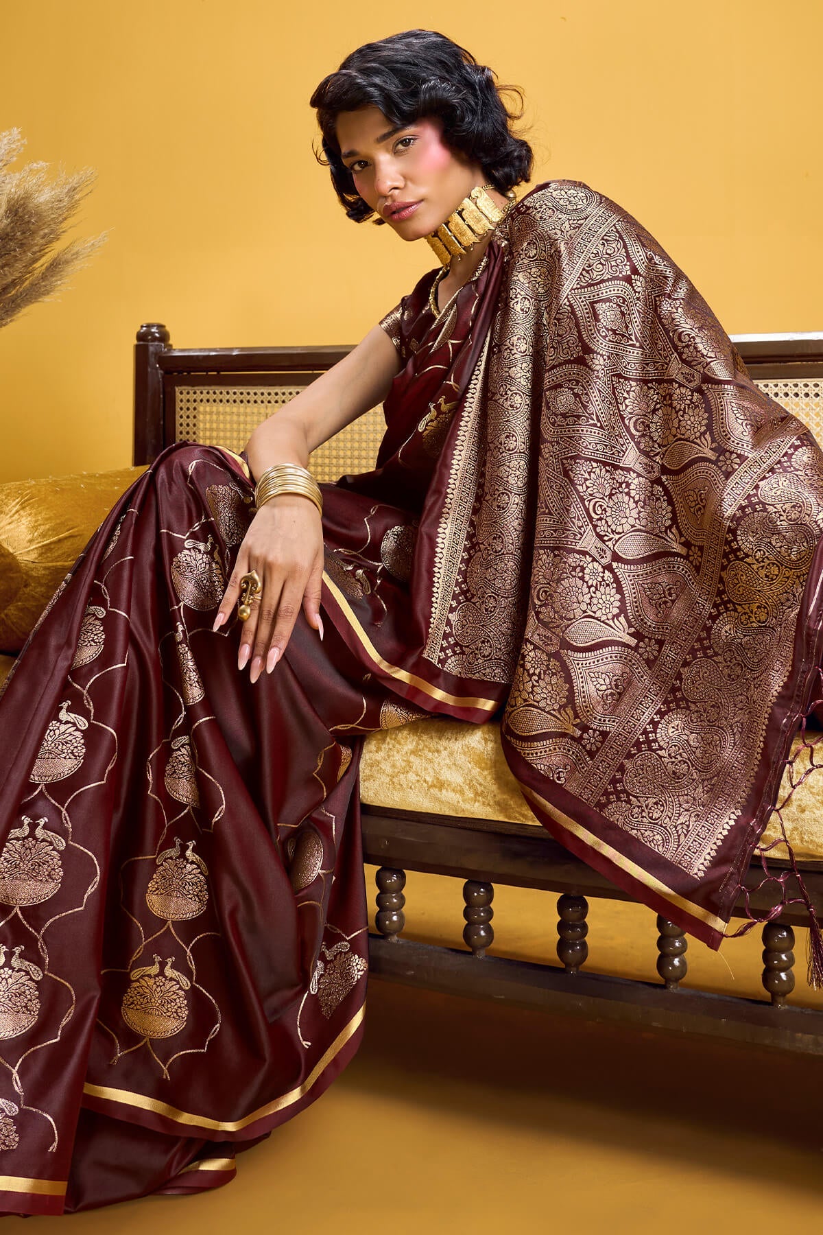 Wonderful Brown Banarasi Satin Silk Saree With Pulsating Blouse