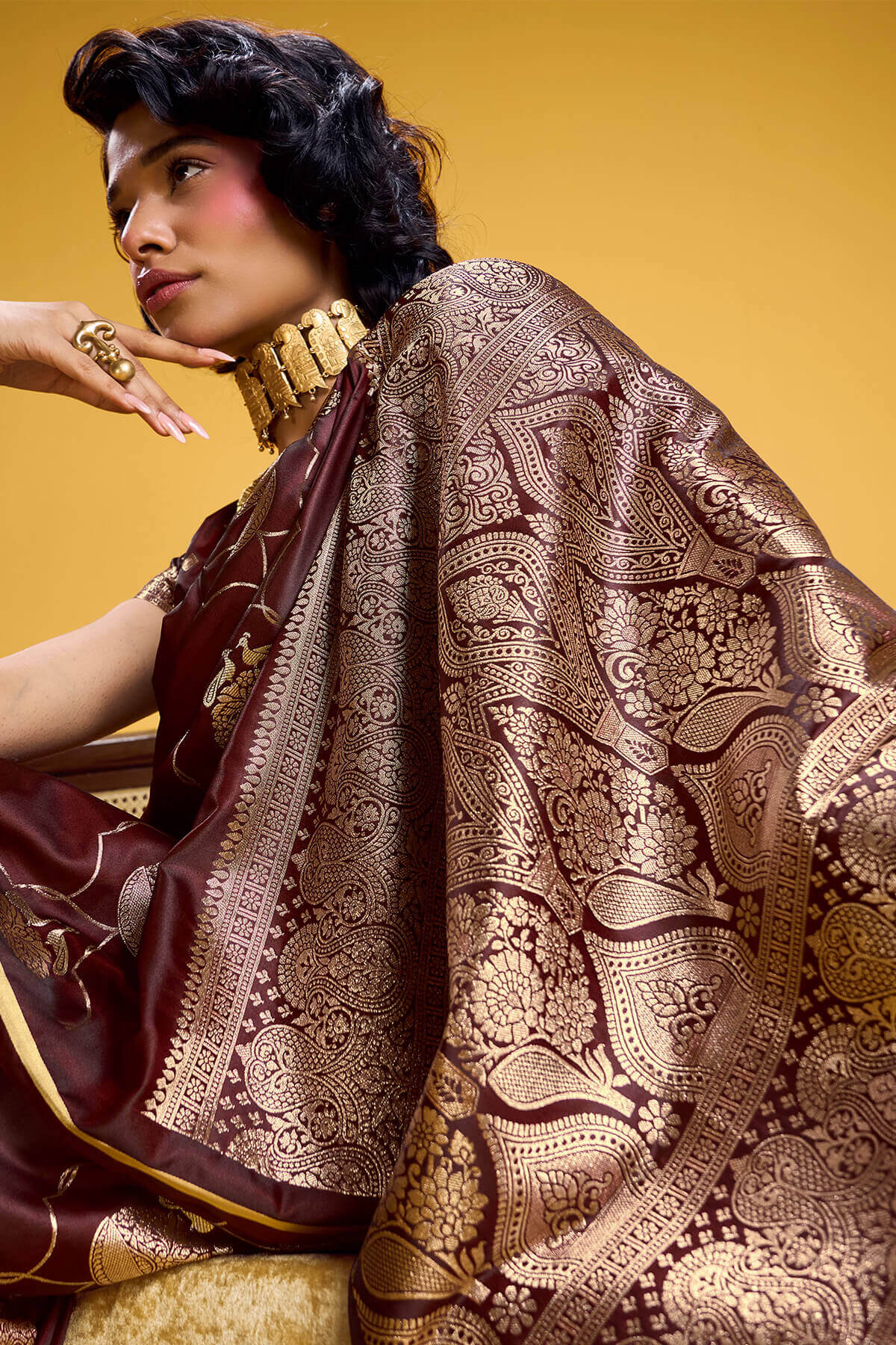 Wonderful Brown Banarasi Satin Silk Saree With Pulsating Blouse