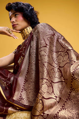 Wonderful Brown Banarasi Satin Silk Saree With Pulsating Blouse